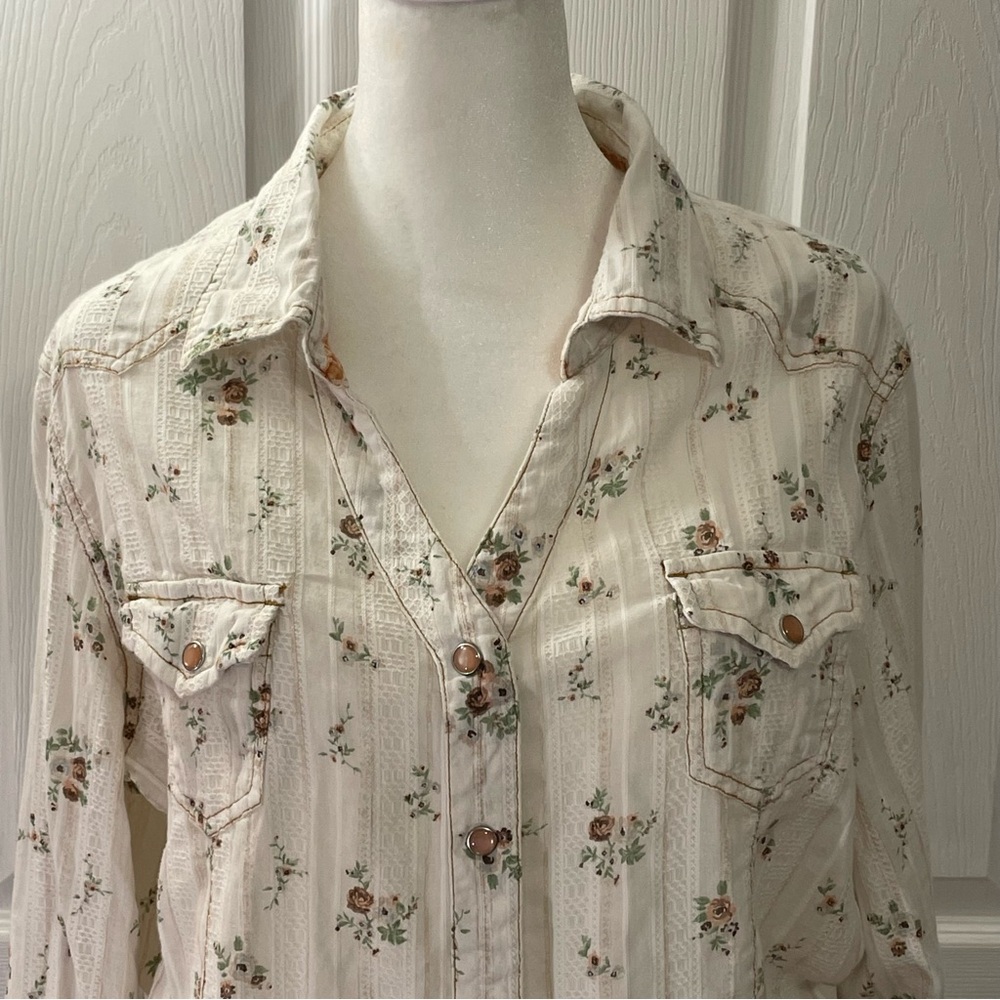 North River Outfitters western style cowgirl top in white and taupe color, sz XL